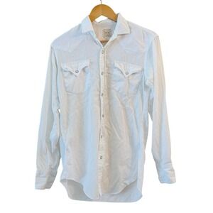 Vintage 70s H Bar C Ranchwear White Longtail Pearl Snap Western Shirt Size 34/15